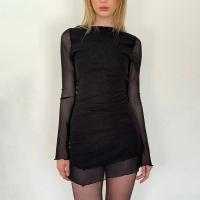 Maemukilabe Vestido corto de malla transparente, minivestido informal de manga larga sin espalda para fiesta, playa, cóctel, club, vintage - details 5