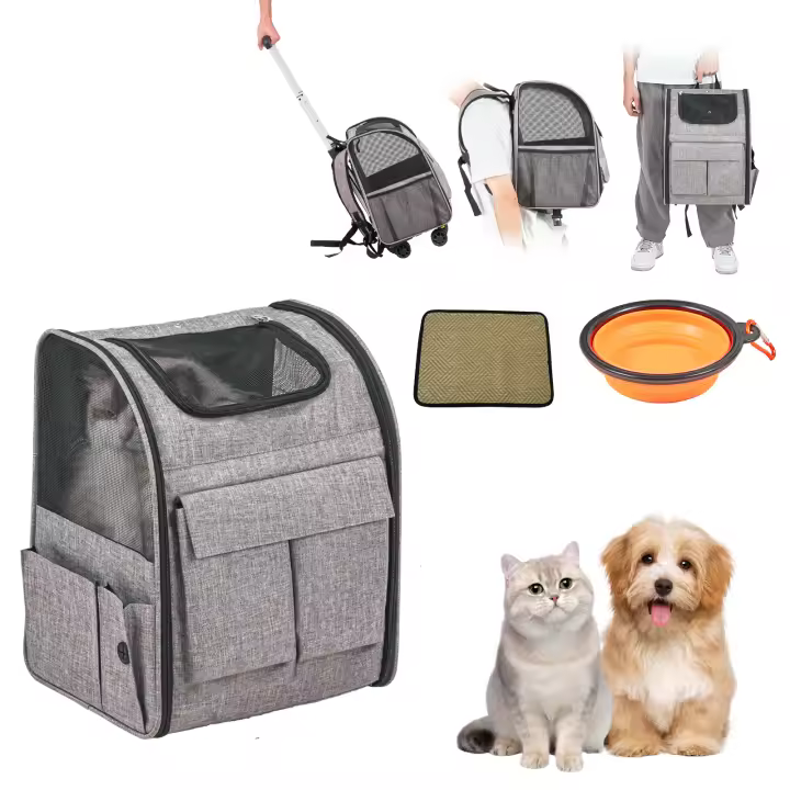 SucceBuy Transportadora para Gatos con Ruedas, Transportadora para Mascotas con Asa Telescópica y Correa para el Hombro, Transportadora para Perros para Mascotas de hasta 18 lb, Incluye 1 Tazón Plegable, Gris - 1