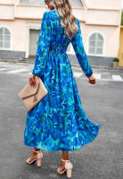Vestido de manga larga con cuello en V estampado informal para vacaciones de otoño a la moda para mujer - details 14