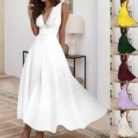 Mujeres elegantes A e sin mangas blanco Midi Casual mujer Sping verano cuello en V túnica cintura Swing vestido abrigo vestidos largos - details 0