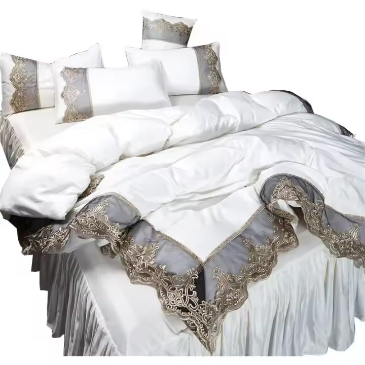 Conjunto de cuatro piezas de encaje lateral grande, falda de cama de seda de hielo lavada, colcha blanca, estilo princesa - 1