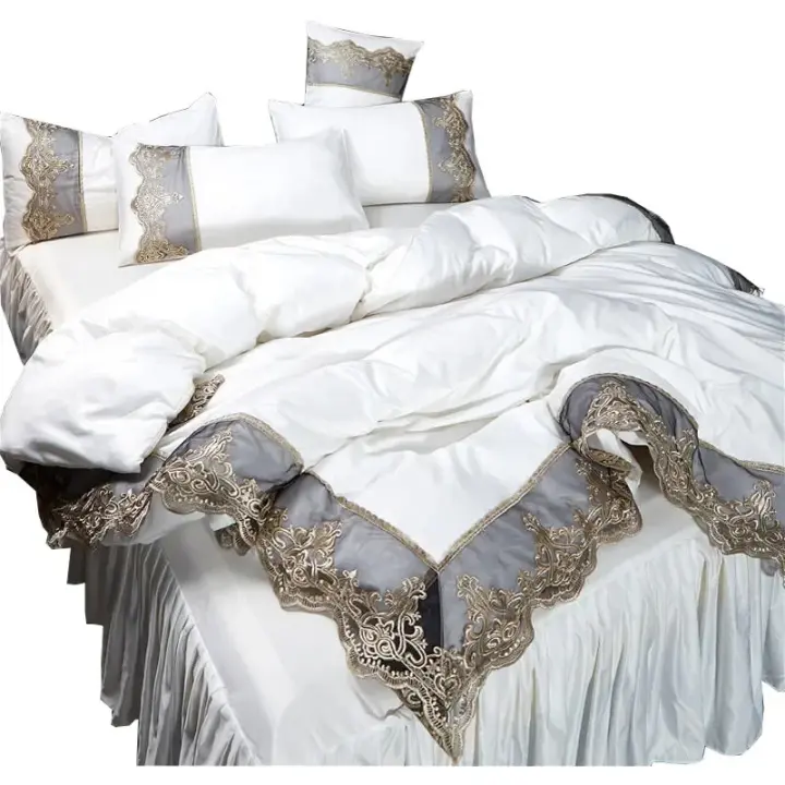 Conjunto de cuatro piezas de encaje lateral grande, falda de cama de seda de hielo lavada, colcha blanca, estilo princesa - 1
