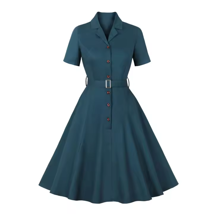 Vestido Corto de Verano Vintage Hepburn Moda Casual para Mujeres Estilo Retro Navy Blue - 1