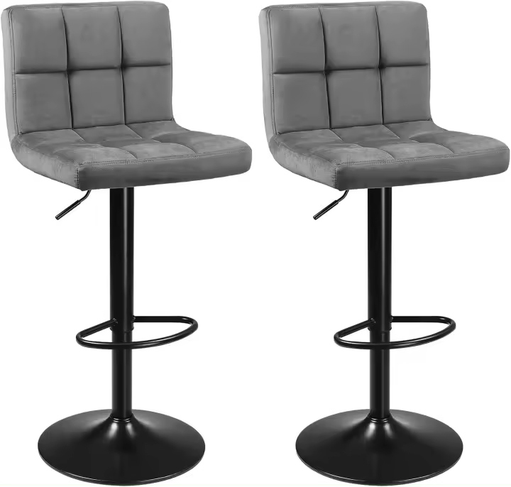 Juego de 2 Sillas de Bar con Superficie de Terciopelo y Altura Ajustable, Taburete de Cocina Giratorio con Respaldo y Reposapiés, Metal, Negro, Grande, 2 Unidades - 1