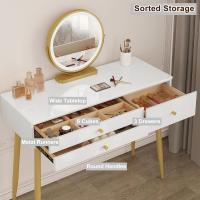 Tocador con luz ajustable con espejo, 3 cajones, con taburete de terciopelo Crema+Oro - details 1