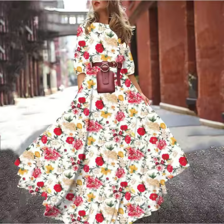 2025 primavera y otoño nuevos vestidos europeos y americanos impreso péndulo temperamento gasa floral vestido delgado - 1
