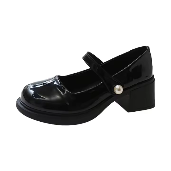 Nuevo francés retro Boca Ligera Perla cabeza redonda tacón grueso tacón alto zapatos Mary Jane - 1
