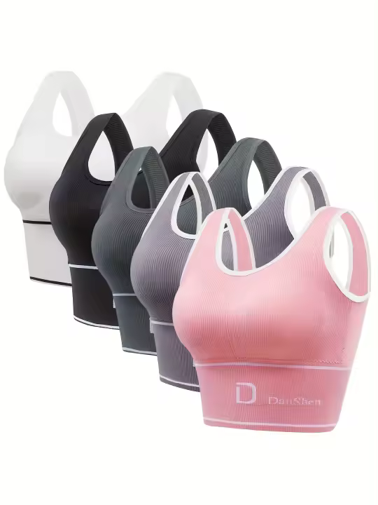 Paquete De 5 Sujetadores Deportivos De Talla Grande, Sujetador Push-up De Cobertura Completa Con Cuello Redondo Y Estampado - 1