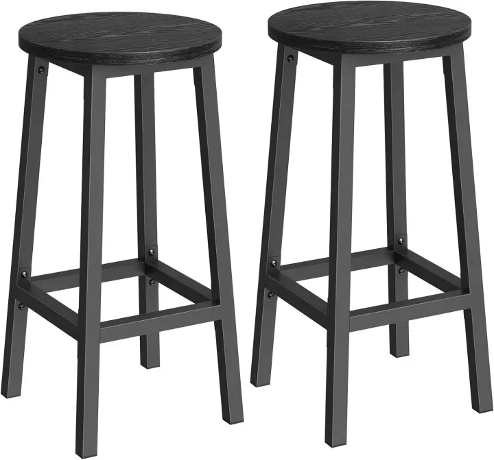 Taburete de bar, juego de 2, sillas de bar, sillas de cocina con estructura de metal, fácil montaje, con reposapiés, para cocina, salón, comedor, marrón rústico y negro clásico LBC32X - 1