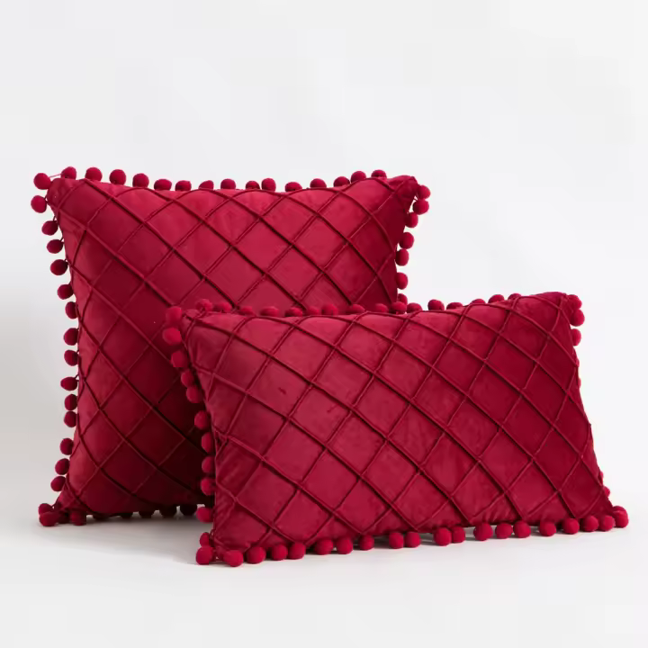 Fundas decorativas Boho Farmhouse, almohada cuadrada de terciopelo con pompones - 1