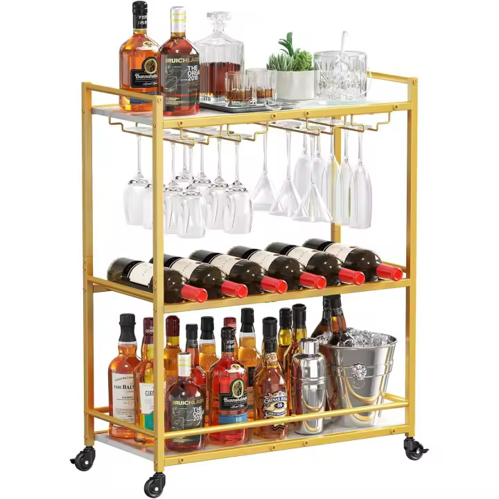 Carrito Auxiliar de 3 Niveles con Ruedas Bloqueables Soporte para Botellas y Portavasos - 1