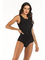 Traje de baño de una pieza con cremallera frontal sin mangas, traje de buceo de surf, cuello redondo de color sólido de corte - details 3