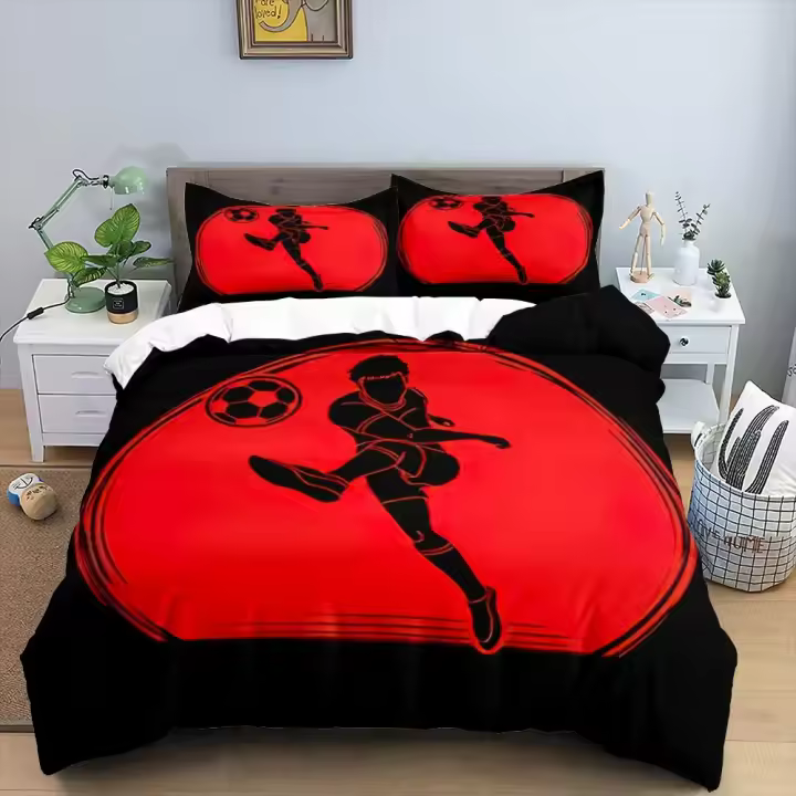 Juego de Cubierta de Edredón de Fútbol Tamaño King Simple en Negro y Blanco Cubierta de Cojín Deportiva 3D para Niños y Niñas Juego de Ropa de Cama de Poliéster - 1