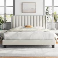 Cama tapizada con cabecera a rayas con alas de láminas de madera y metal, cama matrimonial color beige. - details 29