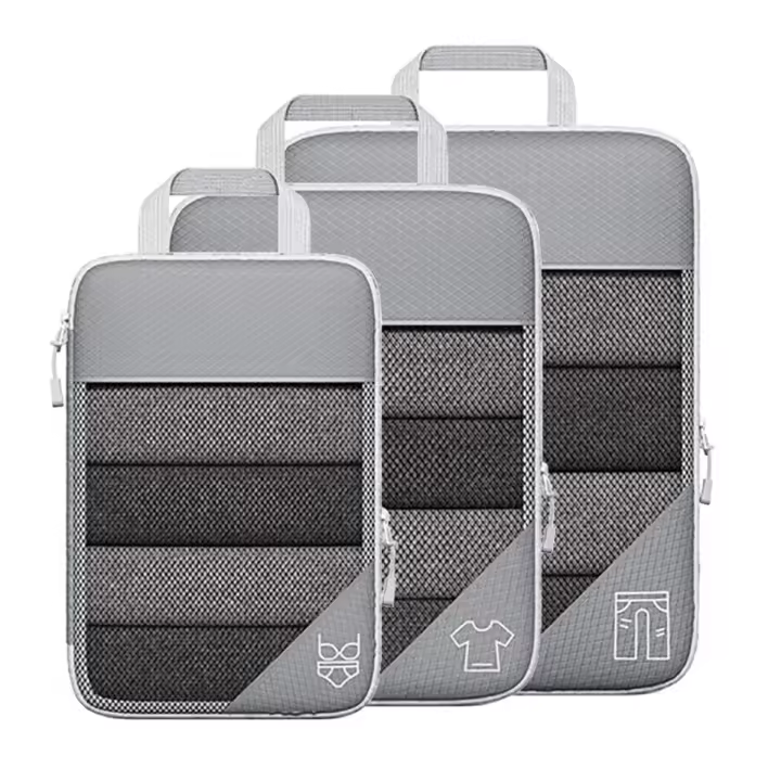Bolsas portátiles de 3 piezas, bolsa de almacenamiento compresible de viaje, conjunto de malla Visual, organizador de equipaje, gris - 1
