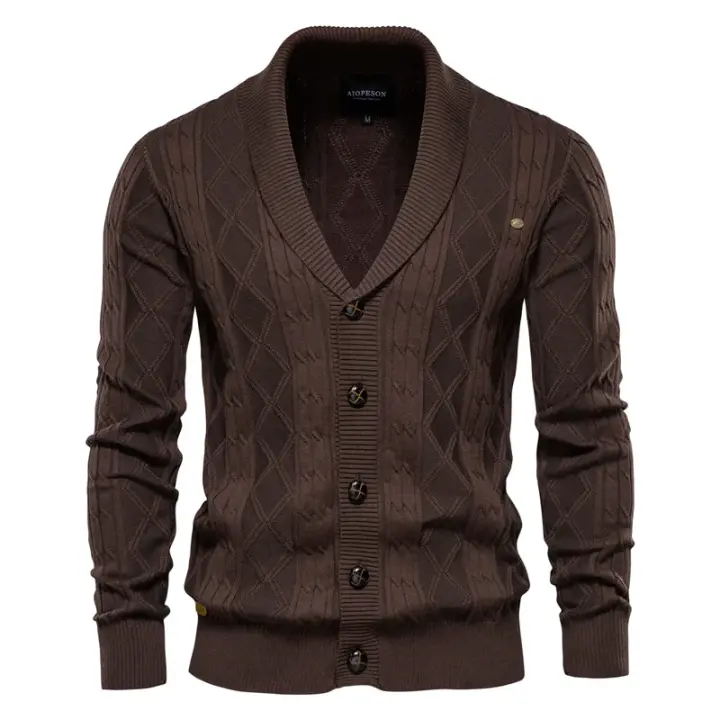Cárdigan de algodón Argyle para hombre, cárdigans informales de un solo pecho de Color sólido para negocios, suéter de moda de invierno para hombre - 1