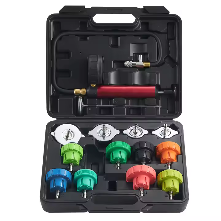 SucceBuy Kit de probador de presión del radiador, probador de presión del refrigerante con bomba manual y adaptadores de tapa de acero codificados por colores - 1