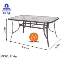 Mesa de jardín de Cristal y Acero |   De 150x90x75 cm |   Resistentes: Cristal Templado, Acero anticorrosión |   para 6 Personas |   para exterior |   Clásico - details 3