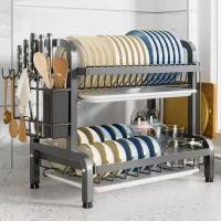 Secador de Platos Compacto de 2 Niveles A Prueba de Óxido, Organizador de Counter de Cocina con Tablero de Drenaje y Soporte de Utensilios - details 1