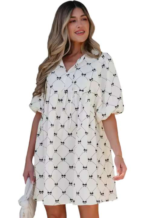 Elrachen Mini vestido de mujer con estampado de pajarita y media manga abullonada texturizada, blanco, tallas S-XL - 1