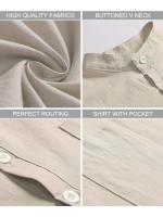 Lino de Camisas de Manga Corta para Hombre, Camisas de Verano con Bolsillo, Hawaiana, Playa, Cuello Mao, transpirables, informales - details 4