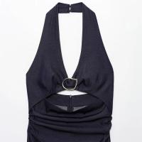 Vestido largo de verano con diseño hueco PB&ZA2025, cuello en V, sin mangas, cintura alta, ajustado, cuello halter, espalda descubierta, ropa nueva para mujer. - details 12