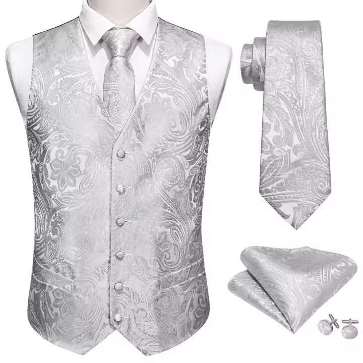 Chaleco de seda para hombre, Jacquard, verde, azul, rojo, dorado, rosa, corbata, pañuelo, conjunto de gemelos, chaqueta sin mangas de negocios para boda - 1