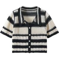 Chaleco de Crochet a Rayas de Moda para Mujer Cuello con Botón, Top Corto de Punto Transparente, Estilo Vintage de Teen Girls Fairycore - details 1