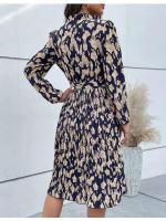 Elegante Vestido de Manga Larga con Estampado de Leopardo Cuello en V, Cintura Ajustada con Lazo, Falda Plisada 100% Poliéster - details 7