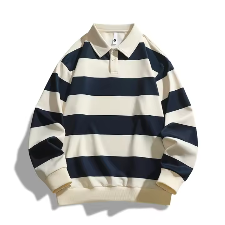 Camiseta Polo de Manga Larga Patrón a Rayas Estilo Suelto para Hombres Moda de Otoño - 1