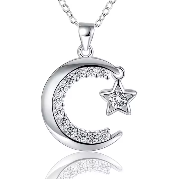 Collar de plata de ley 925 con colgante de circonita y luna, joyería con dijes - 1