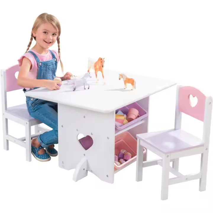Juego Infantil de Mesa y 2 sillas de Madera Corazón con Compartimentos de Almacenamiento, Muebles para Salas de Juegos y Dormitorio de niños (26913) - 1