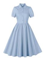2025 nuevo Retro Turn Down Collar abotonada plisado sólido vestido de camisa de algodón de manga corta mujeres lisos Vintage vestidos hasta la rodilla - details 9