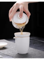 Sheep fat jade white porcelain Kung Fu set, home office pot lid bowl, tea cup, ceramic high-end light luxury gift set - details 1