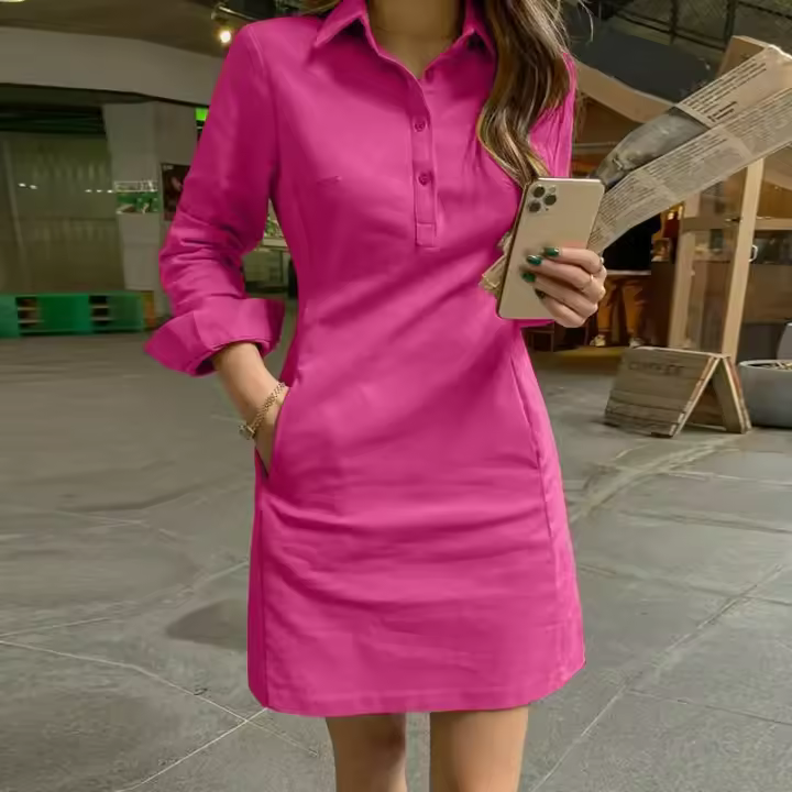 Elegante vestido de verano camisero de manga larga de color liso con botones y bolsillos sueltos - 1