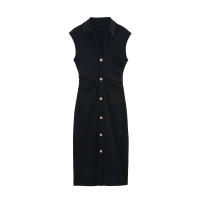 TRAFZA elegante vestido de oficina para mujer ajustado por debajo de la rodilla liso sin mangas con cintura de un solo pecho diseño plisado solapa vestido de verano para mujer - details 2