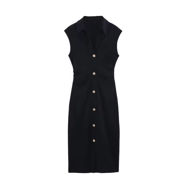 TRAFZA elegante vestido de oficina para mujer ajustado por debajo de la rodilla liso sin mangas con cintura de un solo pecho diseño plisado solapa vestido de verano para mujer - 1
