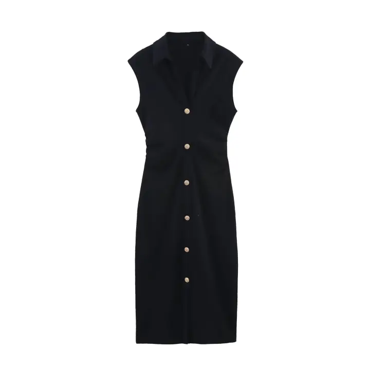 TRAFZA elegante vestido de oficina para mujer ajustado por debajo de la rodilla liso sin mangas con cintura de un solo pecho diseño plisado solapa vestido de verano para mujer - 1