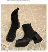 Temperamento de cuero Botas cortas francesas de tacón alto Cabeza cuadrada Tacón grueso Botas delgadas elásticas - details 15