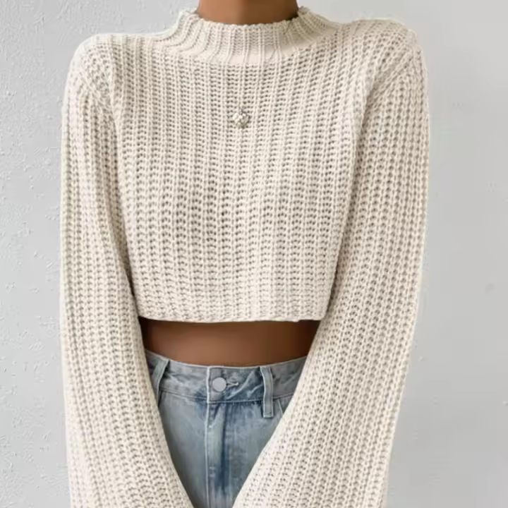 Suéter corto con cuello abierto para primavera y otoño, suéter tejido con mangas para acampar para mujer - 1