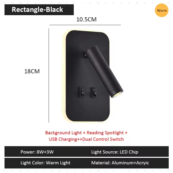 Tomaxin Lámpara de Pared Led Luz Cálida de 350 Grados Rotativa Plegable para Dormitorio, Estudio, Hotel - 1