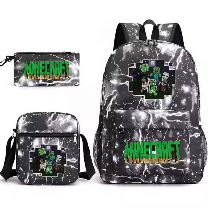 Minecraft My World Schoolbag Juego Periférico Estudiante Gran Capacidad Impreso Mochila Escolar De Tres Piezas Para Hombres Y Mujeres Lightning Black ~ 2 - 1
