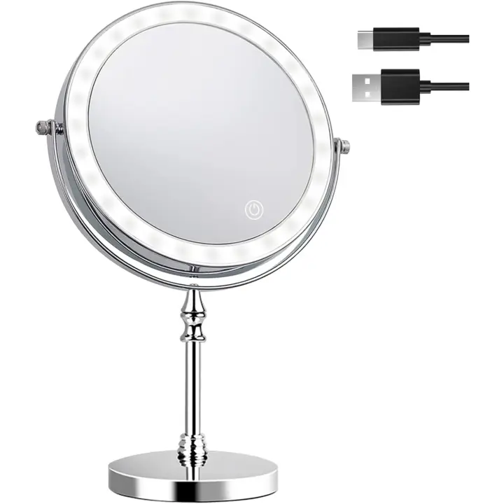 Amelar Luz LED, Aumento 1X/10X con 3 Luces de Colores Recargable por USB, Espejo Cosmético Giratorio de Doble Cara de 360 ​​​​Grados - 1