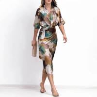 BUNO-Vestido largo elegante para mujer, informal, de verano, para oficina, corto sólido, manga con cuello en V, longitud de la cintura con cinturón, vestidos de fiesta con abertura y lazo - details 2