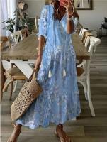 Vestido largo bohemio de verano para mujer, vestidos Vintage con estampado ral y manga con cuello en V, vestido de playa holgado informal con cordón para mujer - details 7