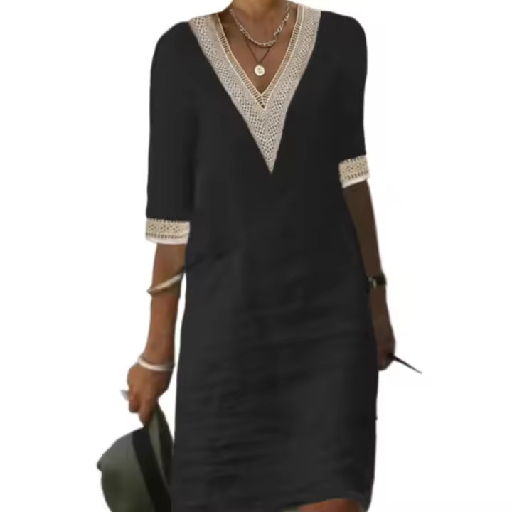 Vestido de moda de color liso, cuello en V de manga media de algodón, informal para mujer - 1