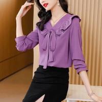 Elegantes Camisas y Blusas Francesas para Mujer Top de Manga Larga con Cuello en V y Volantes - details 6