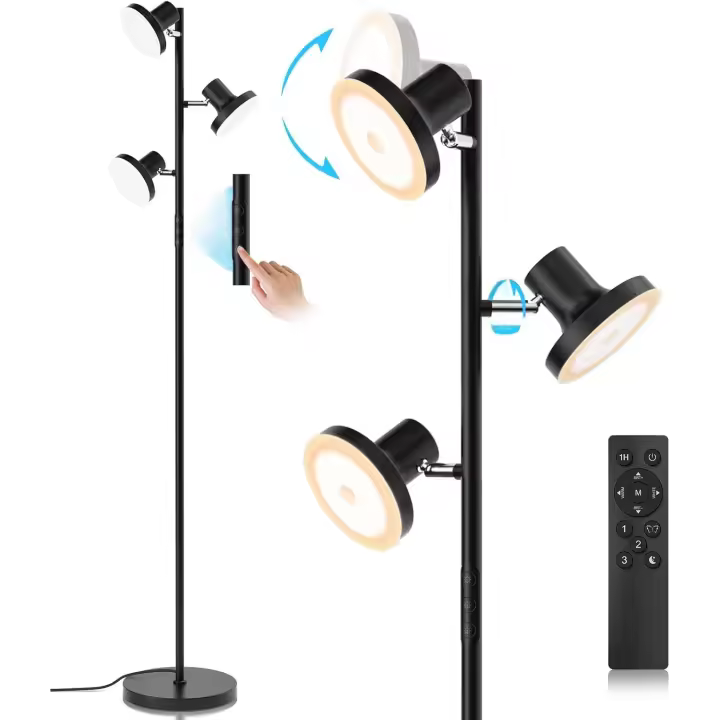 Lampara de Pie LED Regulable 36W 2500LM Lampara de Pie Salon con Mando a Distancia y Control Táctil, 4 Temperaturas de Color, 3 Luces Giratorias Luz de Pie para Salón, Habitación y Oficina - 1