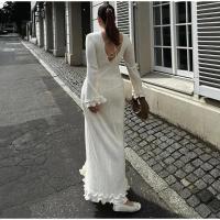 Maxivestido de punto con dobladillo y volantes para mujer, traje elegante acampanada de manga larga con cuello redondo y espalda - details 9