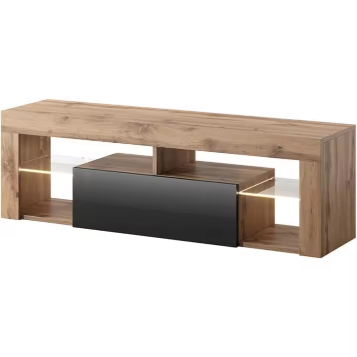 Mueble TV Moderno/Mesa TV/Mueble para Salón / 140 cm (con LED, Roble Dorado/Negro Brillante) - 1